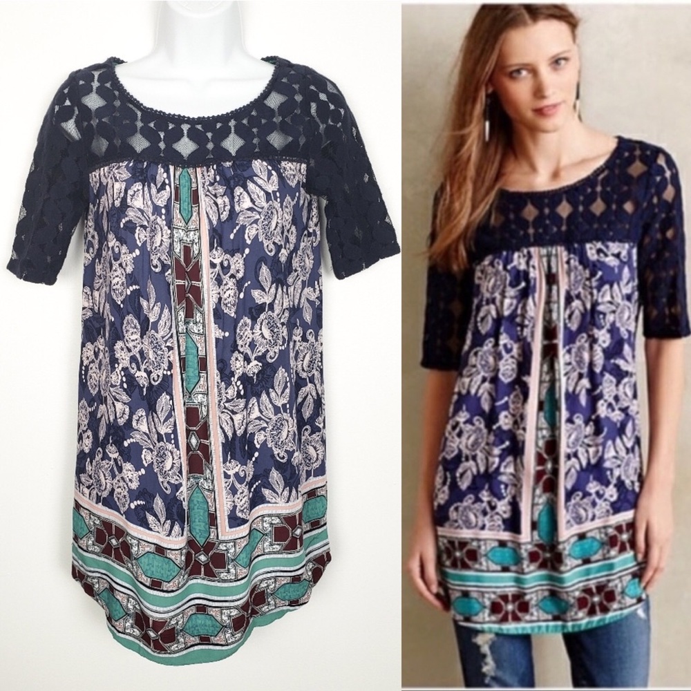 Anthro akemi and kin maite lace printed tunic blouse